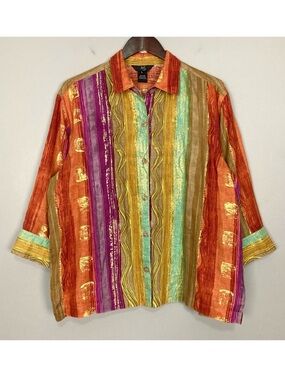 iOS Hand Stamped Linen Shirt Women’s Size L Button Front Metallic Colorful Artsy
